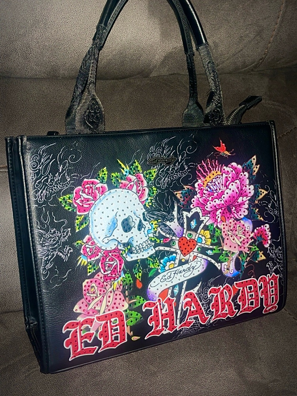 Ed Hardy Black Shoulder Bag with  rhinestones Pink Floral Skull Artwork